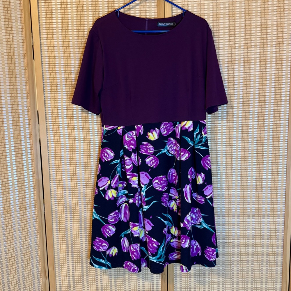 Oxiuly‎ Fashion Womens 2XL Purple Floral Tulip Print Short Sleeve Flare Dress